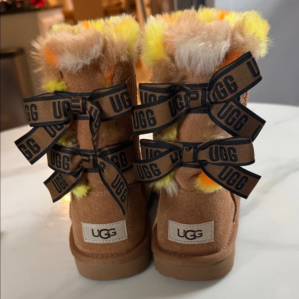 UGG Tan Boots with Multicolor Fur Trim